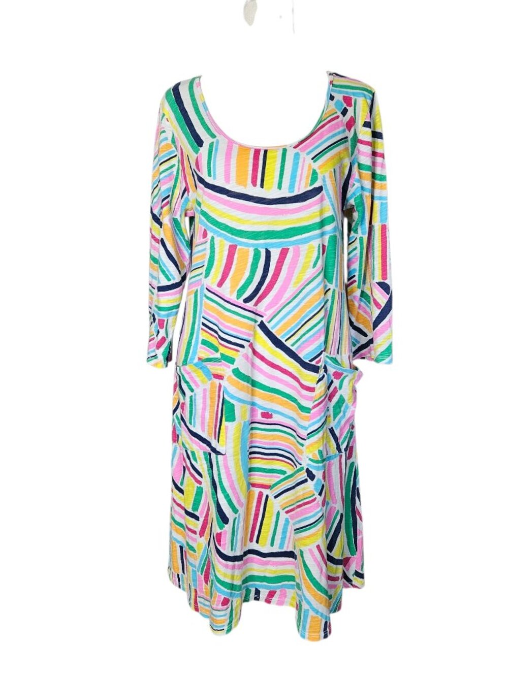 Fresh Produce Colorful Cotton Dress Women's M 3/4 Sleeve Pockets Beachy Coastal
